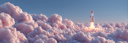 rocket blasting off smoothly with fluffy clouds and soft colors. Generative AIの素材