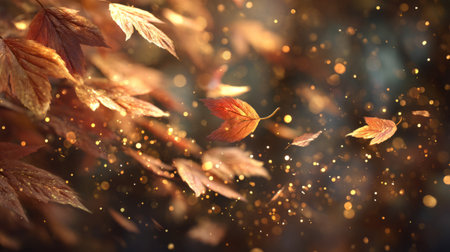 golden aura softly pulsating among falling autumn leaves. Generative AIの素材