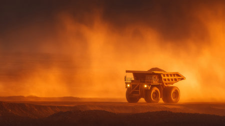 Gigantic mining dump truck driving through rugged terrain at sunset, surrounded by swirling dust clouds. Generative AIの素材