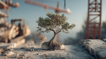 miniature tree vs a skyscraper or construction crane. Generative AIの素材