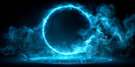 Abstract swirling smoke forming a glowing circular time portal, with vapor trails drifting in a dark, mystical void. Generative AIの素材