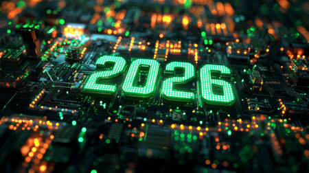 Glowing 2026 Text on Futuristic Circuit Board. Generative AIの素材