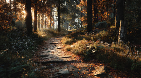 autumn forest path gently illuminated by sunlight. Generative AIの素材