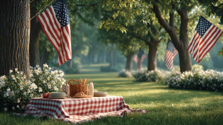 family picnic in a park on the Fourth of July with flags flying. Generative AIの素材