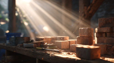 Sunlight Beaming Through Dusty Warehouse onto Brick Piles. Generative AIの素材