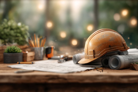 Builders Day tribute background with a golden hard hat, blueprints, and construction tools on a wooden table. Generative AIの素材