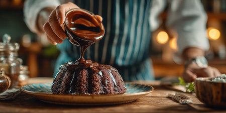Chef in a pastry kitchen pouring chocolate glaze over a cake for World Chocolate Day. Generative AIの素材