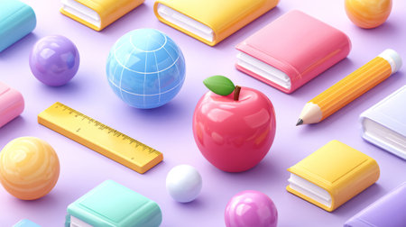 Chaotic but colorful swarm of education icons like books, globes, rulers, pastel background. Generative AIの素材