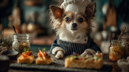 chihuahua dressed as a chef skillfully preparing gourmet dishes. Generative AIの素材