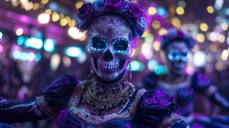 bright noon light, dancers in skull makeup and colorful costumes walking through the streets. Generative AIの素材