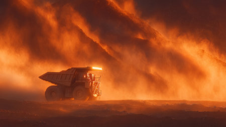 Gigantic mining dump truck driving through rugged terrain at sunset, surrounded by swirling dust clouds. Generative AIの素材