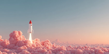 rocket blasting off smoothly with fluffy clouds and soft colors. Generative AIの素材