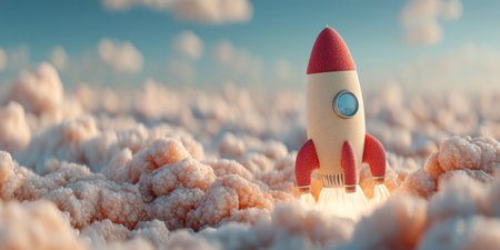 rocket blasting off smoothly with fluffy clouds and soft colors. Generative AIの素材