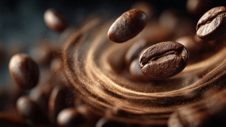 Coffee beans suspended in the air with aroma waves curling around them. Generative AIの素材