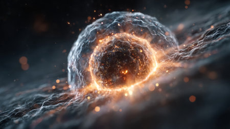 lowing biological cells or viruses emitting radiant energy and light trails in a dark fluidic environment. Generative AIの素材