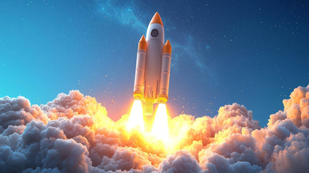 rocket blasting off smoothly with fluffy clouds and soft colors. Generative AIの素材