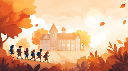 Children with backpacks to school on Knowledge Day. Generative AIの素材