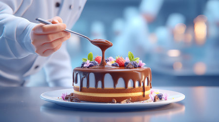 Chef in a pastry kitchen pouring chocolate glaze over a cake for World Chocolate Day. Generative AIの素材