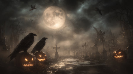 foggy graveyard with pumpkins and ravens on Halloween night. Generative AIの素材