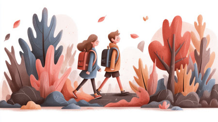 Children with backpacks to school on Knowledge Day. Generative AIの素材