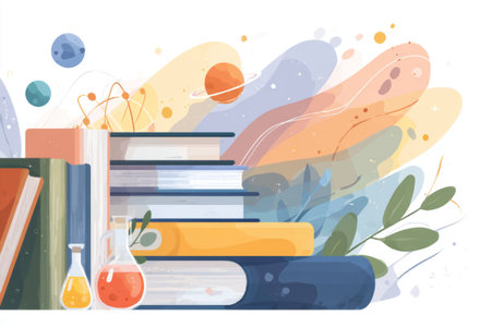 Dynamic back-to-school with flying geometric shapes, books, pencils, and science icons. Generative AIの素材