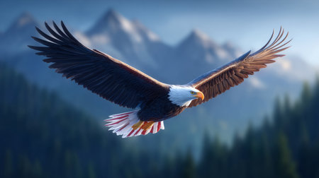 majestic bald eagle soars above a mountain forest. Generative AIの素材
