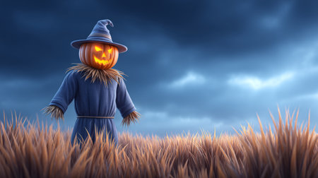 Eerie open field with a lone pumpkin-headed scarecrow under a swirling dark sky. Generative AIの素材
