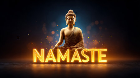 golden Buddha statue in a calm pose with the text Namaste. Generative AIの素材
