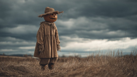Eerie open field with a lone pumpkin-headed scarecrow under a swirling dark sky. Generative AIの素材