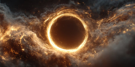 Fantasy portal glowing in radiant gold, with swirling trails of luminous light weaving through a smoky atmosphere. Generative AIの素材