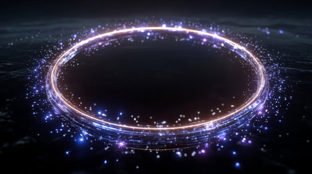Futuristic Glowing Energy Rings in Dark Space. Generative AIの素材
