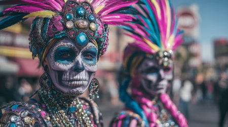 bright noon light, dancers in skull makeup and colorful costumes walking through the streets. Generative AIの素材