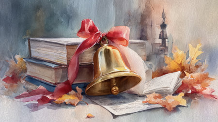 Golden bell tied with a red ribbon ringing in the air, surrounded by books and autumn leaves, symbolic style. Generative AIの素材