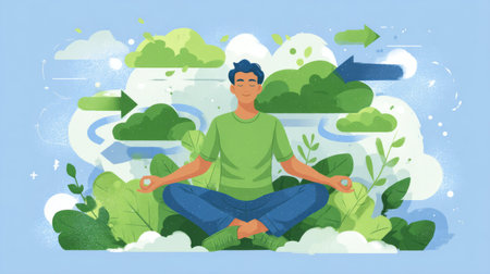 practitioners of mindfulness, meditation and personal growth, symbolizing inner peace and clarity of mind through nature. Generative AIの素材