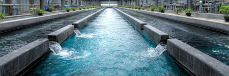 Industrial flow system with clear water and aerated filtration beds. Generative AIの素材