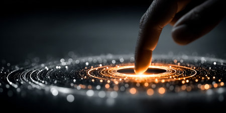 Hand interacting with glowing circular data UI. Generative AIの素材