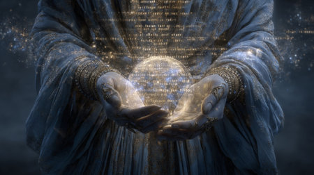 hands gently holding a small glowing orb of light surrounded by affirmations. Generative AIの素材