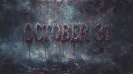 Dark Halloween-style visuals featuring October 31st in bloody, weathered letters set in an eerie, apocalyptic setting. Generative AIの素材