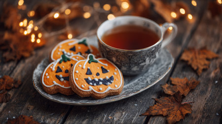 homemade Halloween cookies and tea on a wooden table with dried leaves. Generative AIの素材