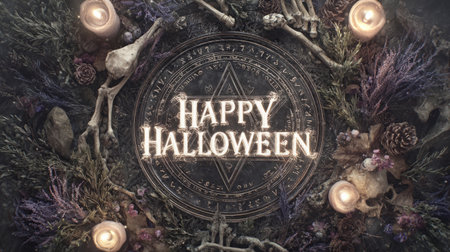 Mystical Halloween Pentagram Ritual Circles,glowing with magical runes, skulls, candles. Generative AIの素材