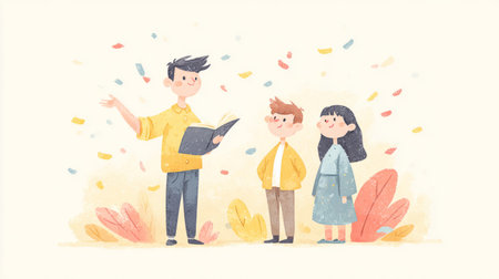 smiling teacher greeting students on Knowledge Day with an open book and confetti. Generative AIの素材