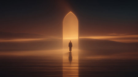 figure walking through archway of light into symbolic new beginning after repentance. Generative AIの素材