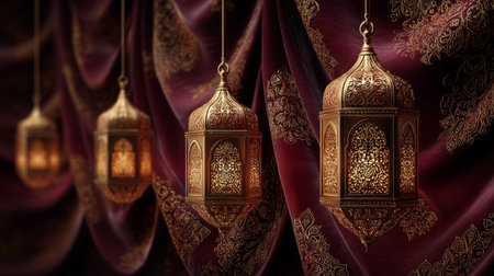 Luxurious Eid al-Adha background, gold leaf, and glowing lantern motifs. Generative AIの素材