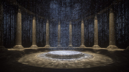 AI data temple theme, towering columns made of glowing code lines, illuminating a central altar of energy. Generative AIの素材