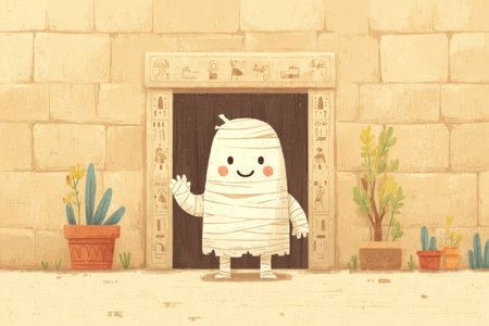 Smiling mummy character waving from a friendly tomb with hieroglyphics on the wall. Generative AIの素材