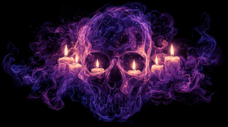 orange and pink cloud swirls forming skull silhouette with candle flames as eyes. Generative AIの素材
