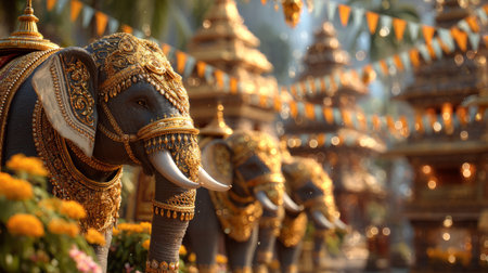 Onam with elephants in golden regalia, temples in background. Generative AIの素材