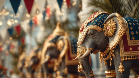 Onam with elephants in golden regalia, temples in background. Generative AIの素材