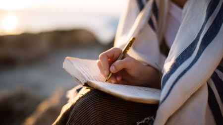 person writing personal reflections in a journal under tallit at sunset. Generative AIの素材