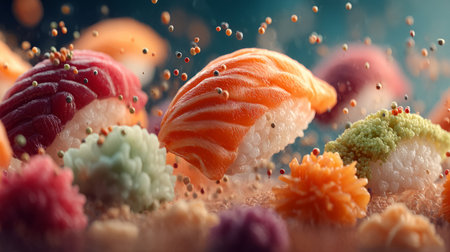 Sushi ingredients dynamically levitating in elegant studio background. Generative AIの素材